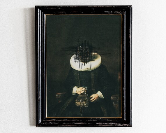 Altered Classical Portrait Scribbled Face Dark Moody Oil Art Poster