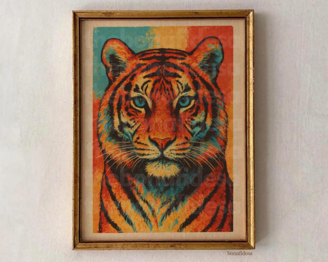 Tiger Face Pop Art in Orange and Teal Psychedelic Style Poster
