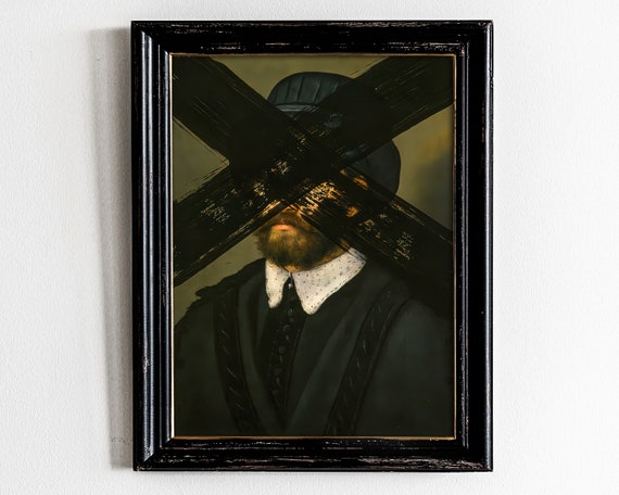 Surreal Altered Classical Bearded Man Black Cross Moody Gothic Art Print