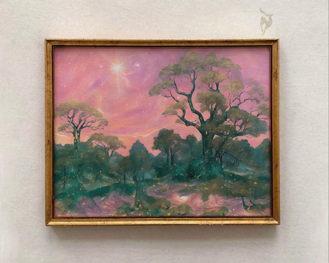 Pink Sky Starburst Over Dark Forest Surreal Sunset Landscape Poster