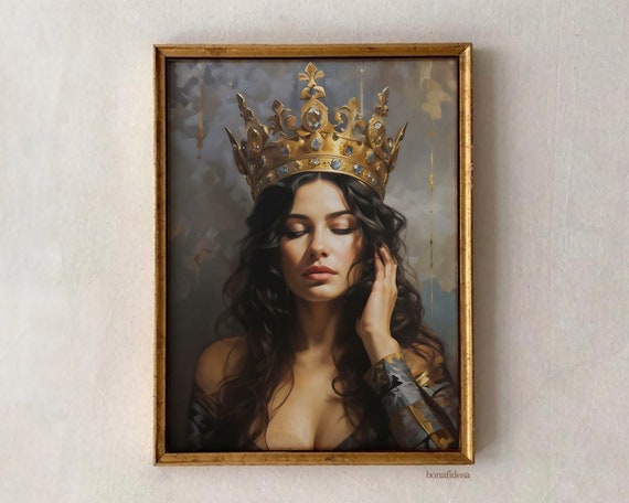 Crowned Woman Moody Vintage Portrait Golden Crown Dark Academia Oil Poster