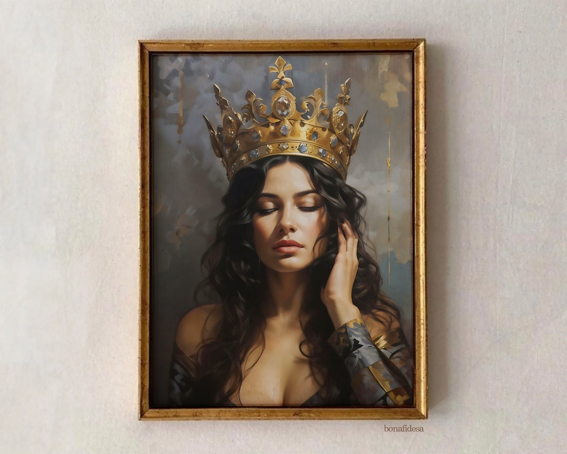 Crowned Woman Moody Vintage Portrait Golden Crown Dark Academia Oil Poster