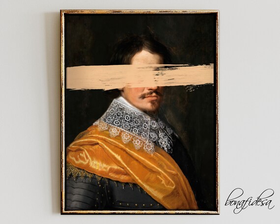 Altered Baroque Man Portrait With Painted Beige Brushstroke Moody Wall Art