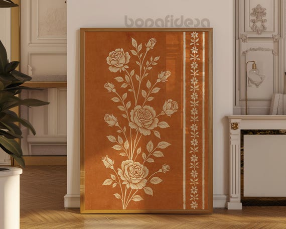 Burnt Orange Floral Textile Wall Art Cream Roses Vintage Rug Pattern