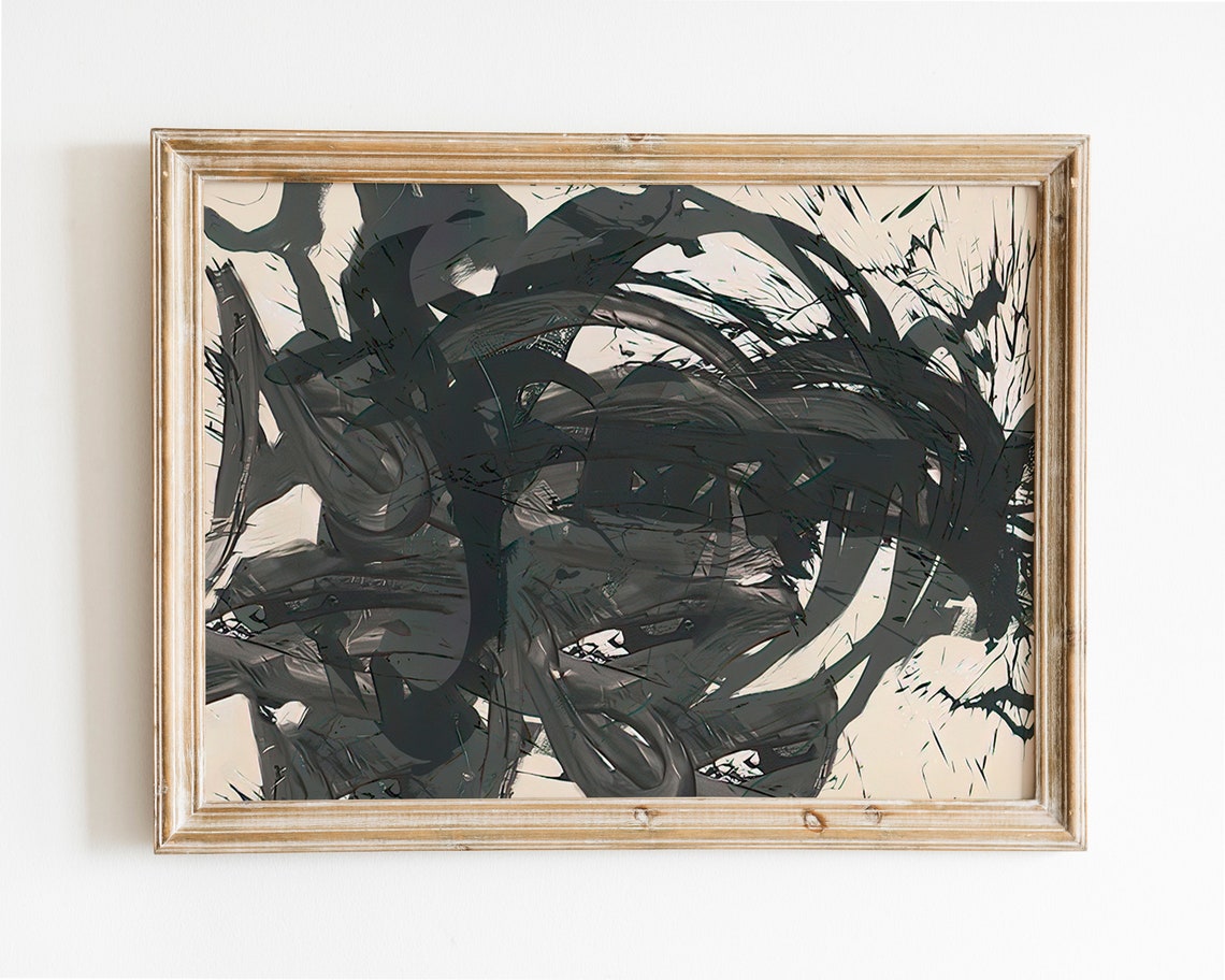 Black Brushstroke Swirls Abstract Modern Minimalist Wall Art