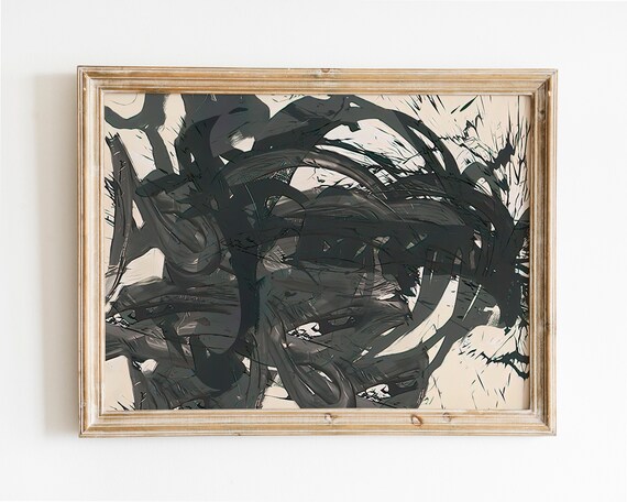 Black Brushstroke Swirls Abstract Modern Minimalist Wall Art