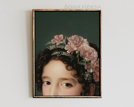 Baroque Half Face Portrait Pink Flower Crown Vintage Wall Art