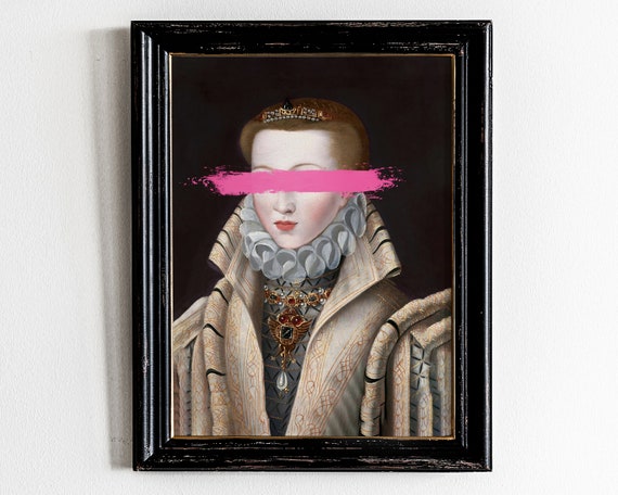 Collage Surreal Art Woman Portrait Painting Altered Vintage Artwork Print Quirky Antique Eclectic Wall