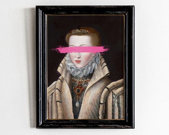 Renaissance Woman Portrait with Pink Paint Stroke Altered Art Poster