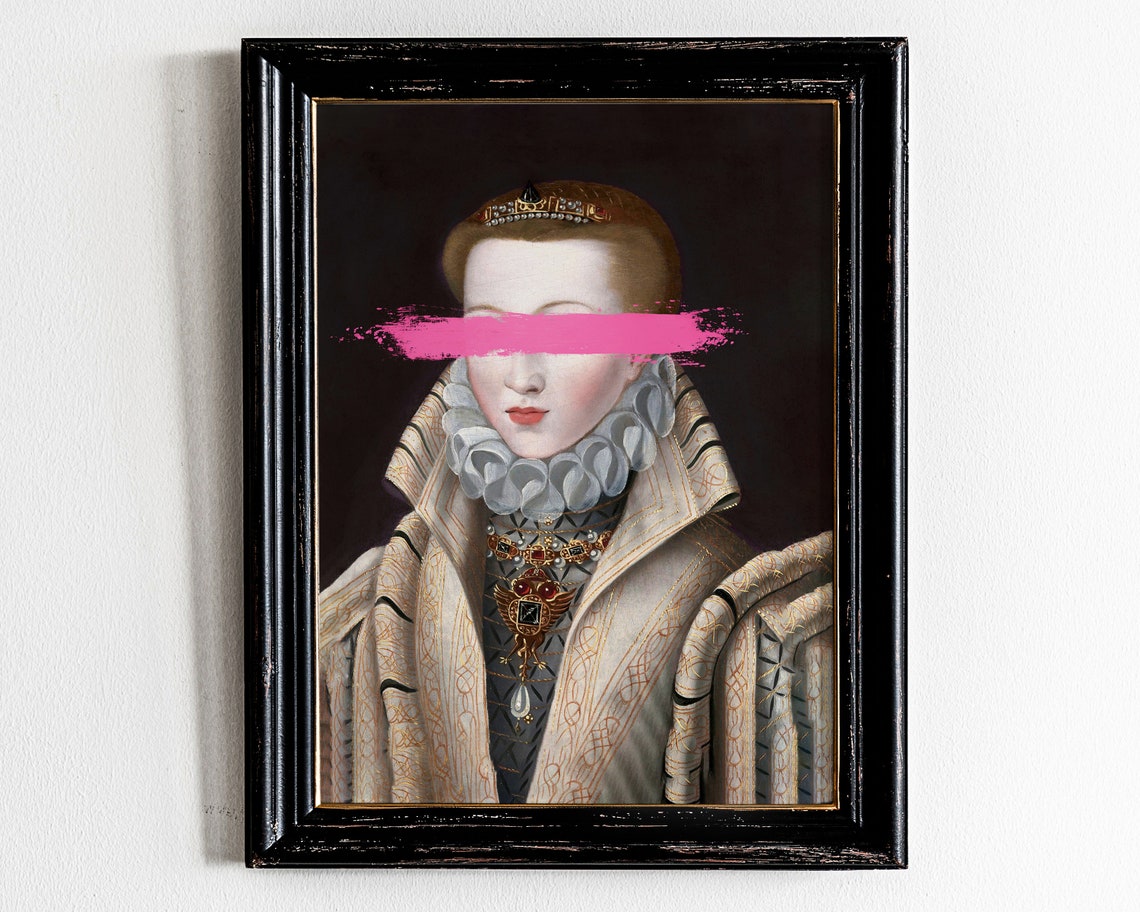 Renaissance Woman Portrait with Pink Paint Stroke Altered Art Poster