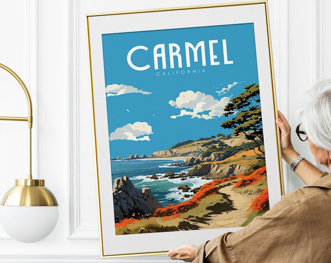 Carmel California Rocky Coast Cypress Wildflowers Retro Travel Poster
