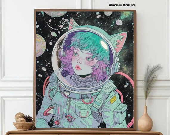 Space Cat Astronaut Anime Girl Cosmic Illustration Art Poster Design