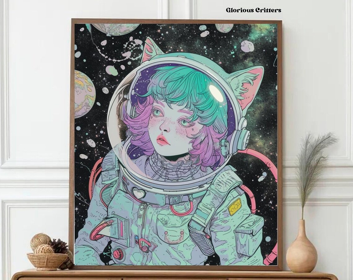 Space Cat Astronaut Anime Girl Cosmic Illustration Art Poster Design