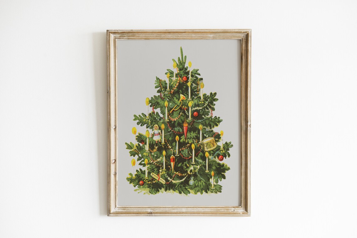 Antique Christmas Tree Painting With Candles And Vintage Ornaments Poster