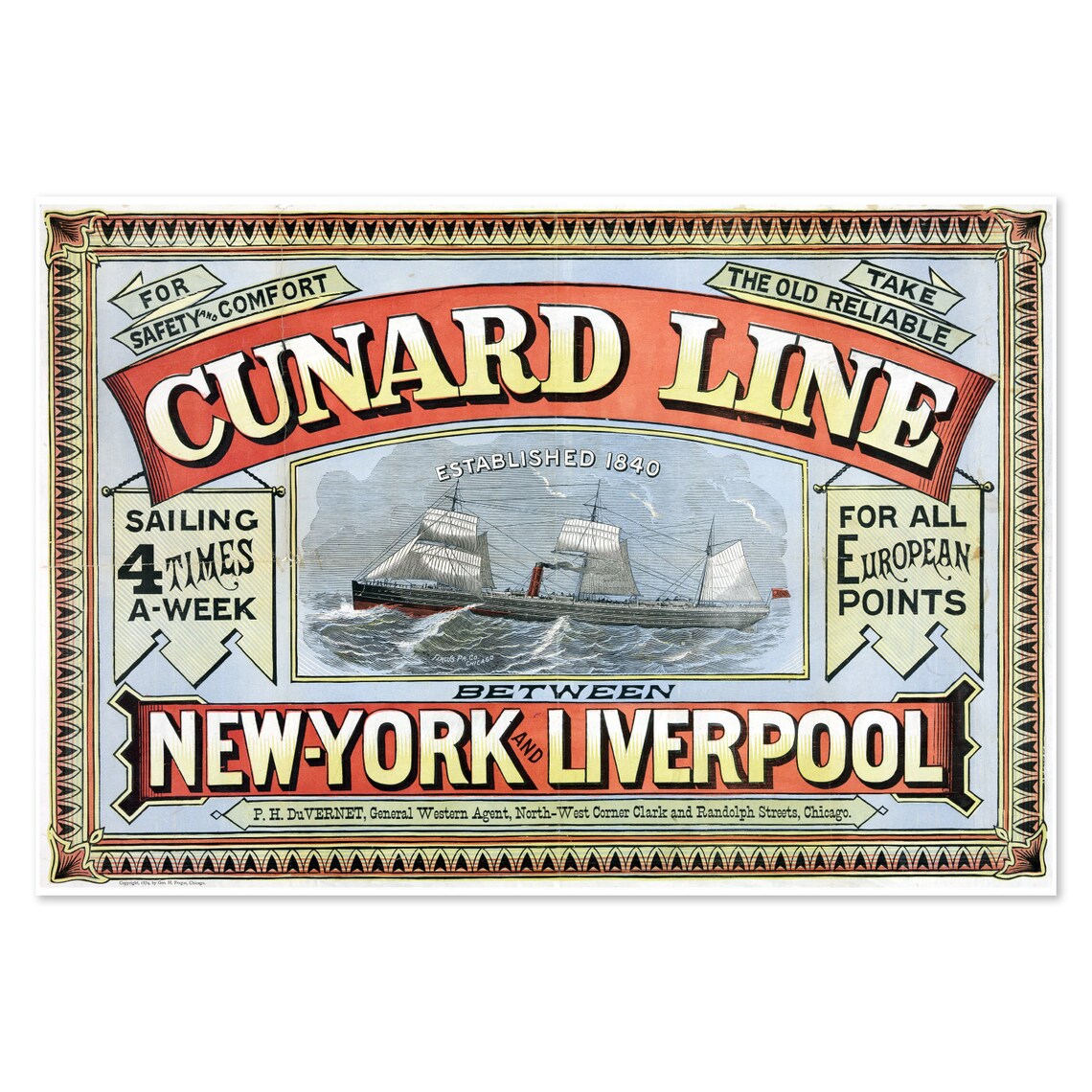 Cunard Line New York Liverpool Vintage Steamship Travel Poster