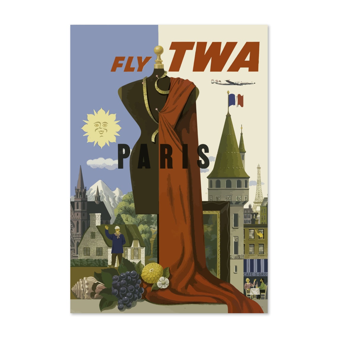 Paris Fly TWA Haute Couture Dress Form Vintage Airline Poster