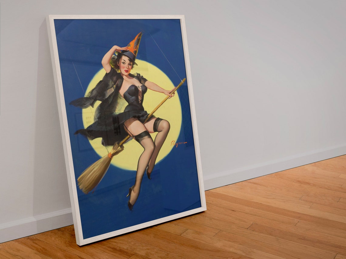 Gil Elvgren Riding High Halloween Witch Broomstick 1950s Pinup Poster - Image 4