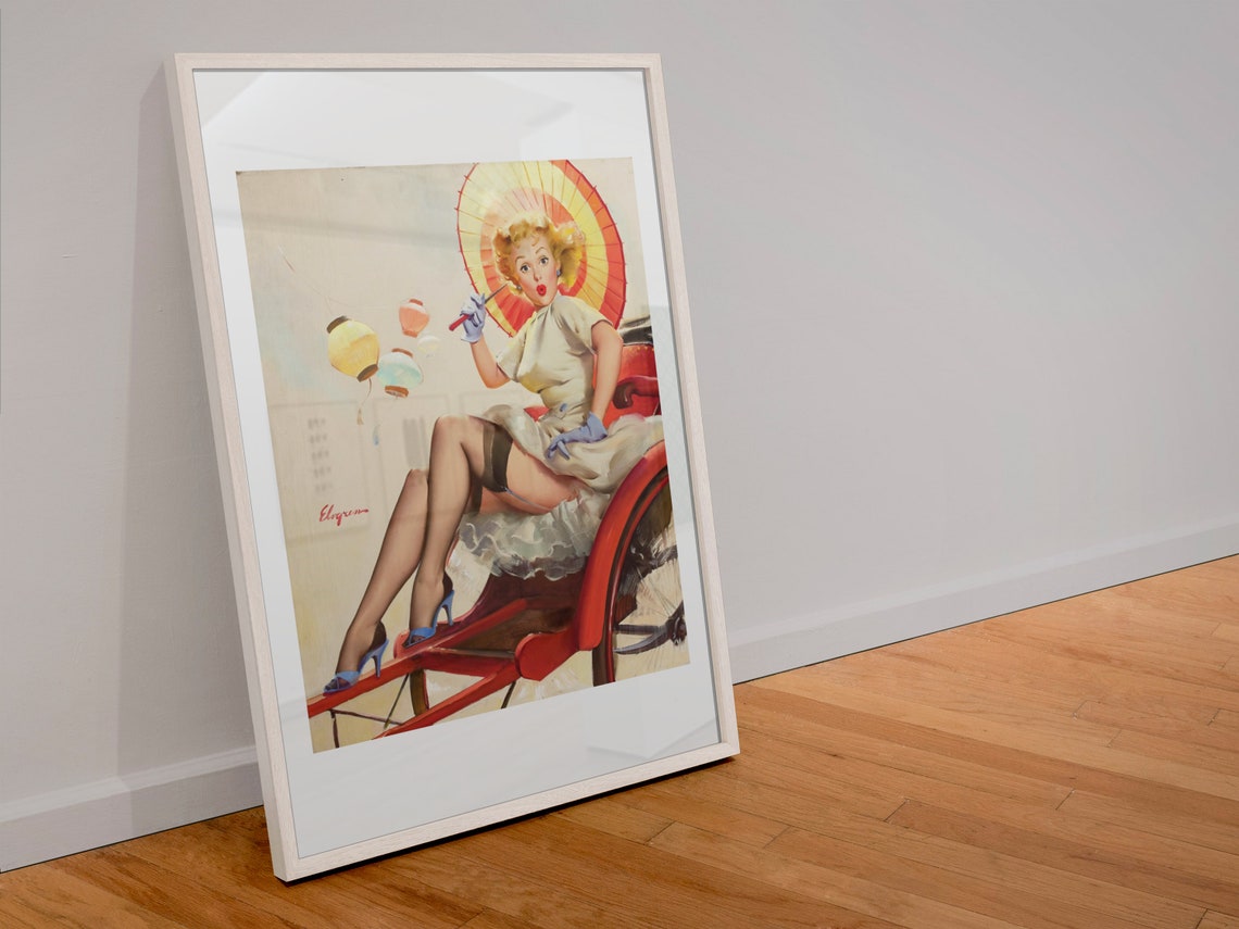 Elvgren Pin Up Girl Rickshaw Ride Parasol Lanterns Vintage Poster - Image 4