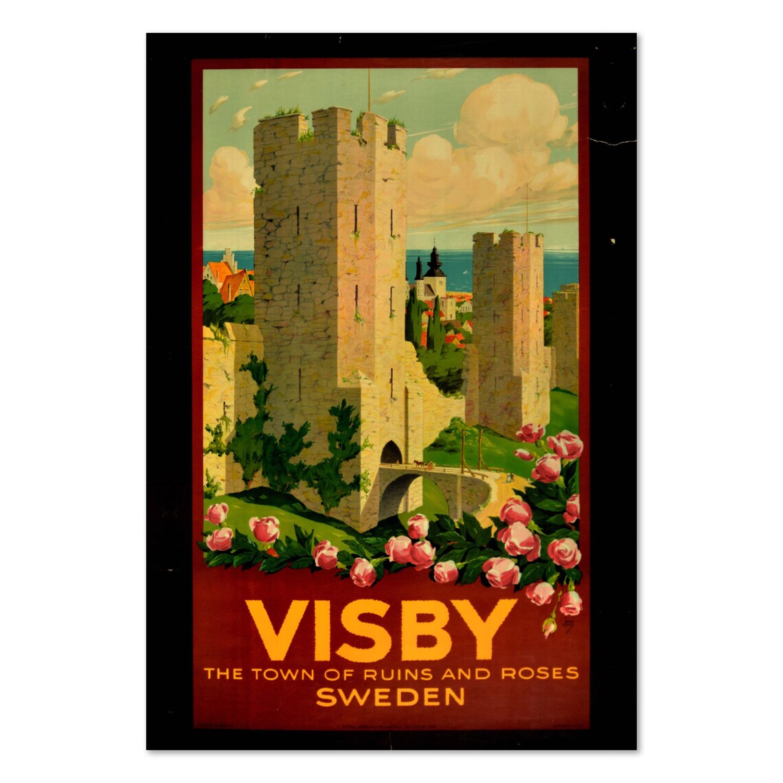 Visby Sweden Town of Ruins and Roses Medieval Old Travel Poster