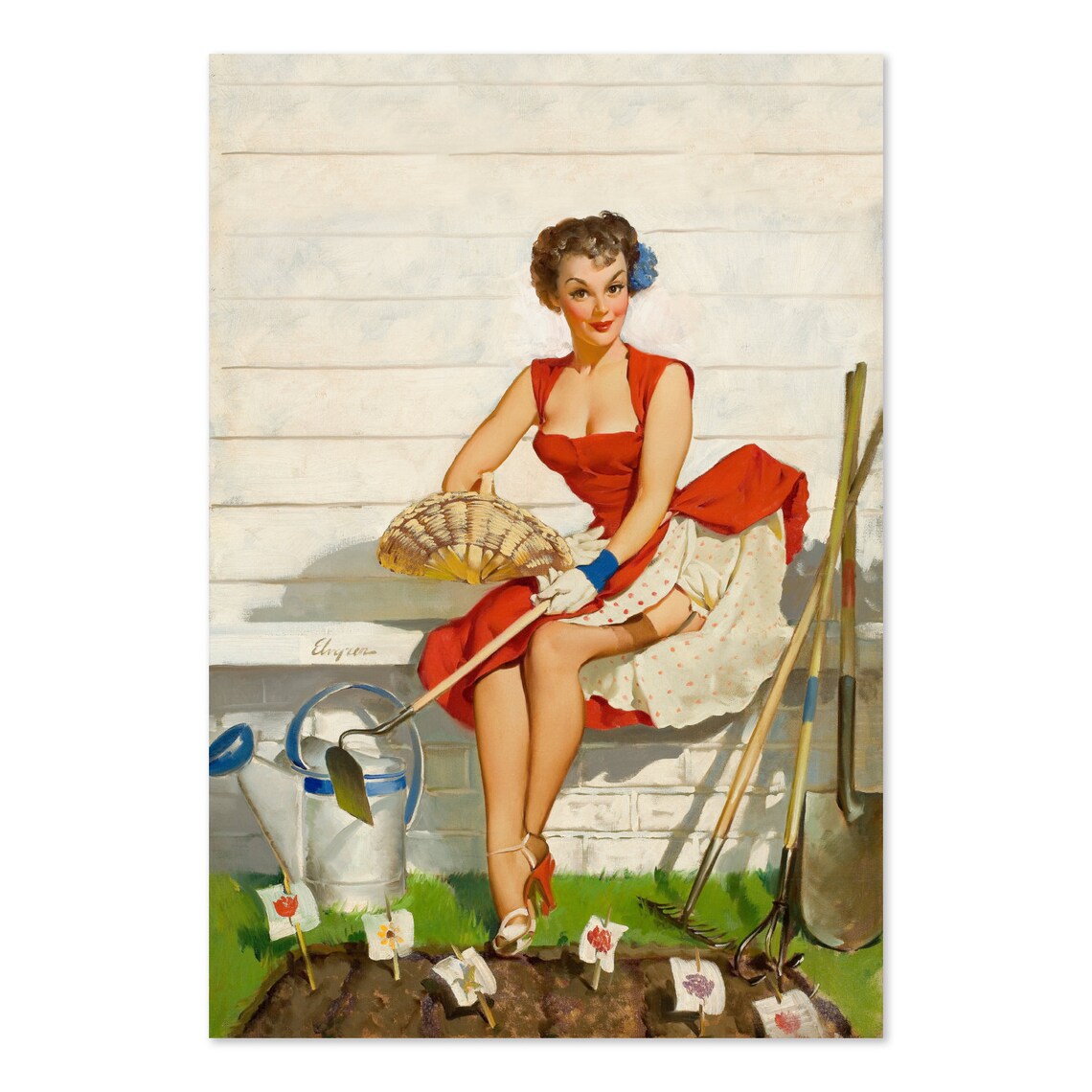 Elvgren Pin Up Gardener Girl Watering Can Vintage 1940s Art Poster