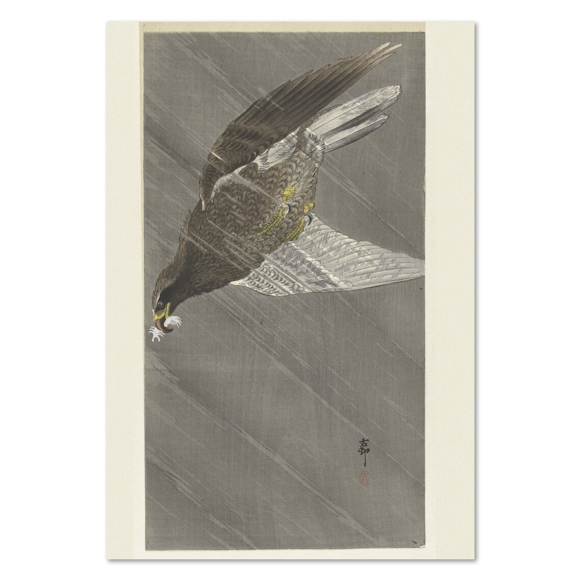 Eagle Flying Down in Rain Japanese Woodblock Bird of Prey Poster