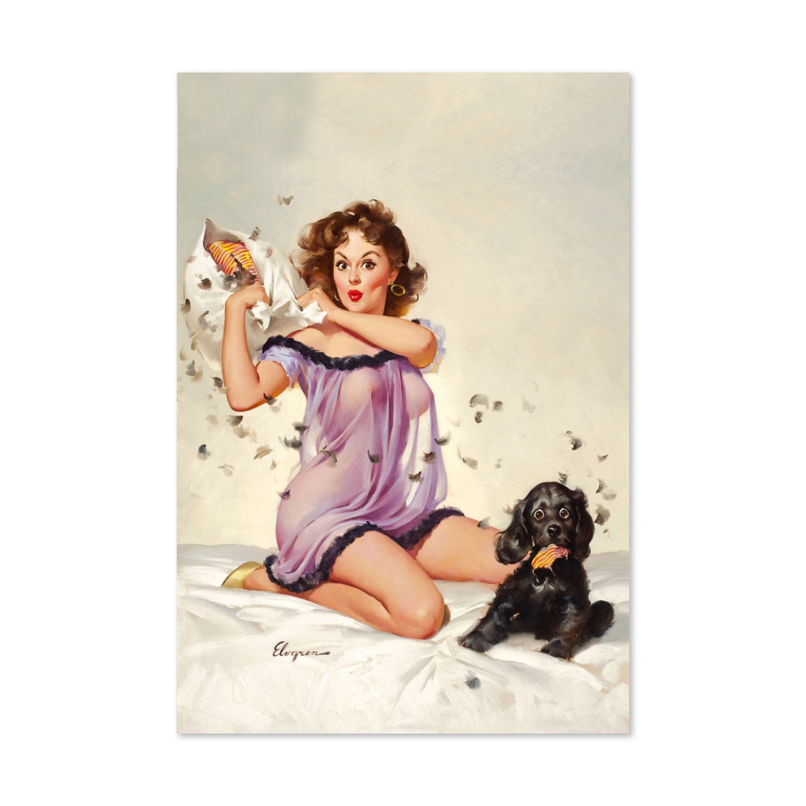 Gil Elvgren Ticklish Situation Puppy Feather Pin Up Girl Poster