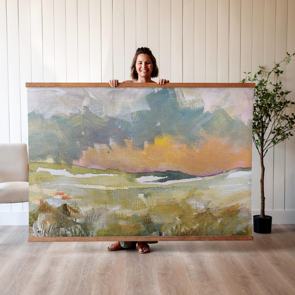 Golden Sunset Abstract Landscape Brushstroke Modern Art Poster
