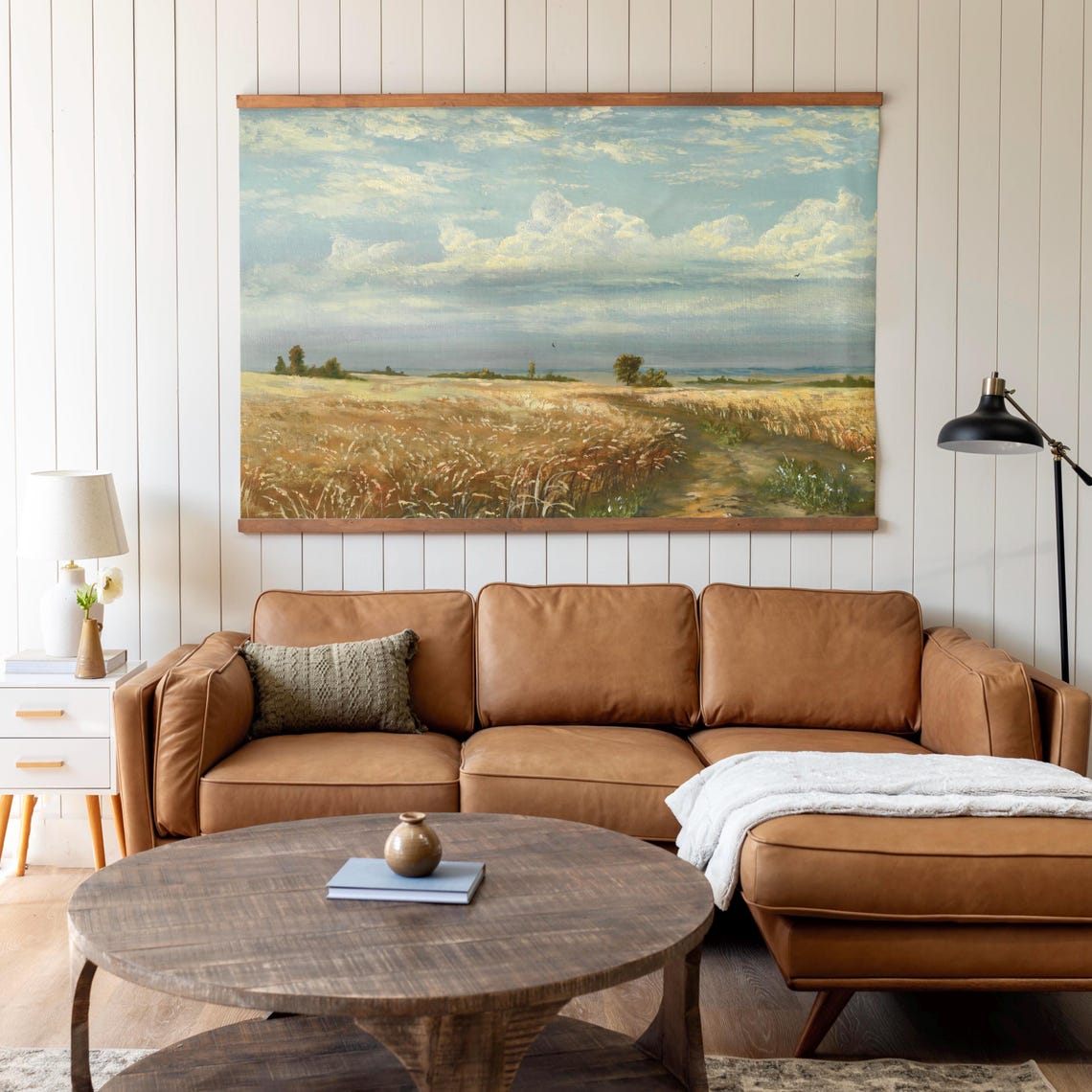 Golden Wheat Field under Dramatic Cloudy Sky Vintage Landscape Poster