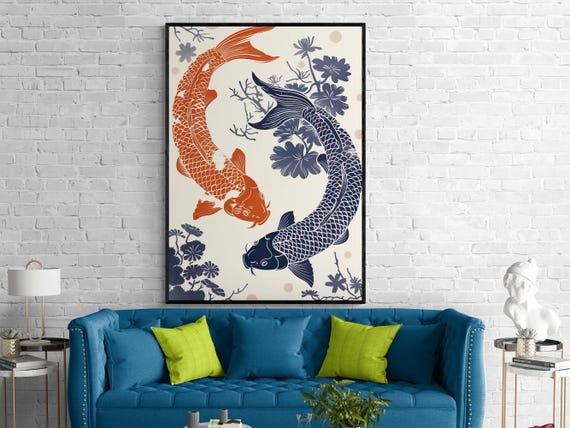 Koi Fish Poster Two Koi Fish In Linocut Style Harmony And Balance In Blue And Orange Premium Posters In A4 To A0 Koi Yin Yang