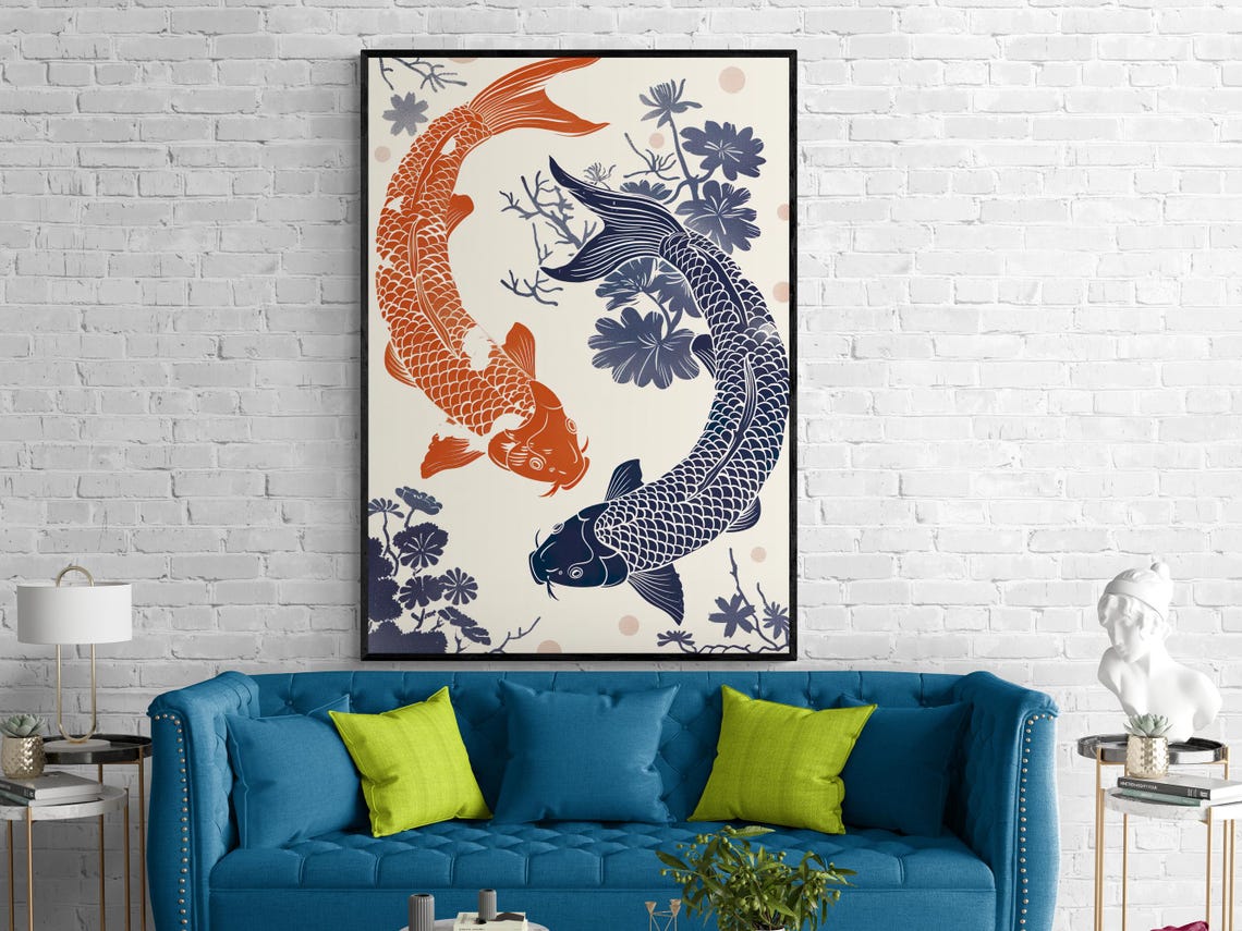 Koi Fish Poster Two Koi Fish In Linocut Style Harmony And Balance In Blue And Orange Premium Posters In A4 To A0 Koi Yin Yang