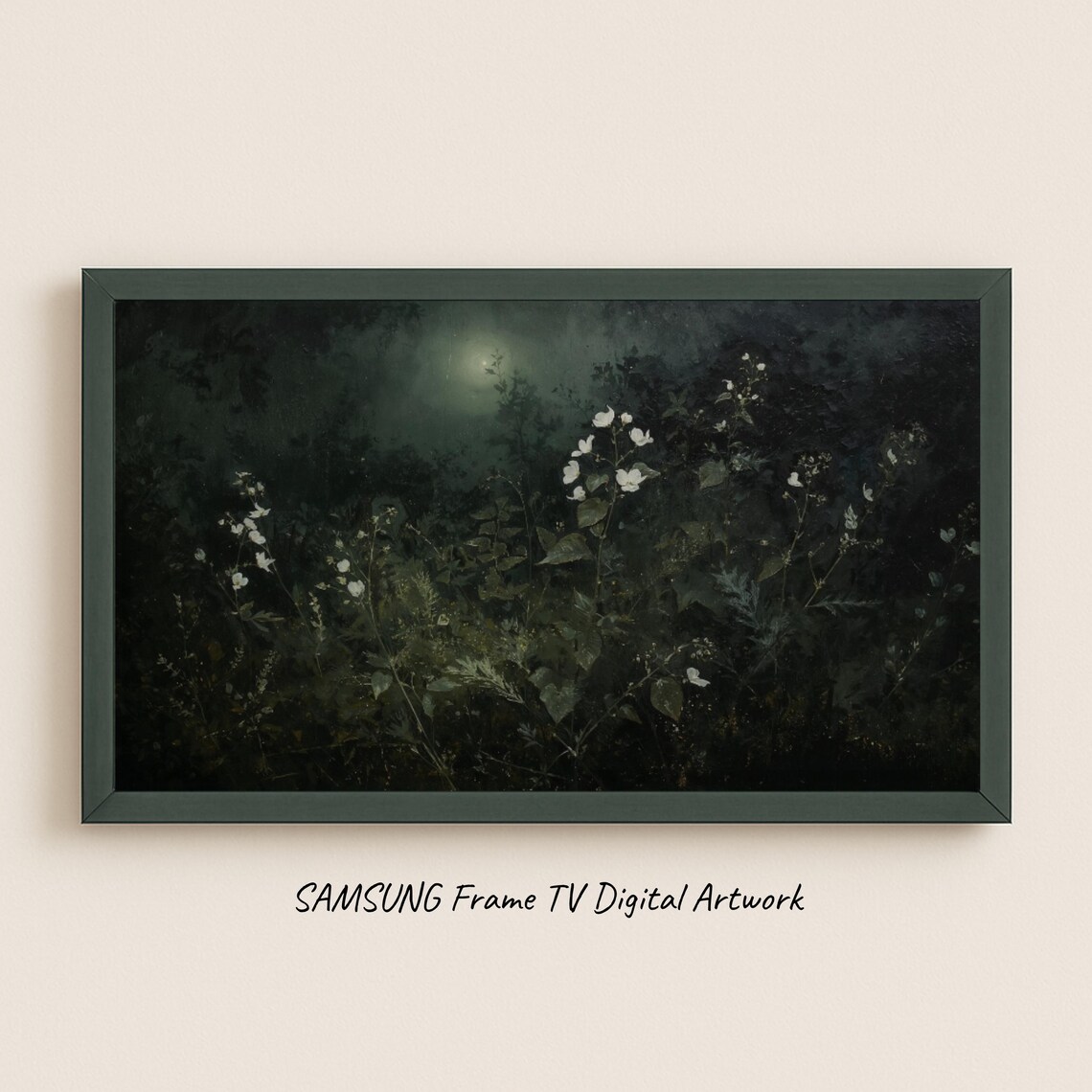 Moonlit Night Garden With White Wildflowers Dark Moody Floral Poster