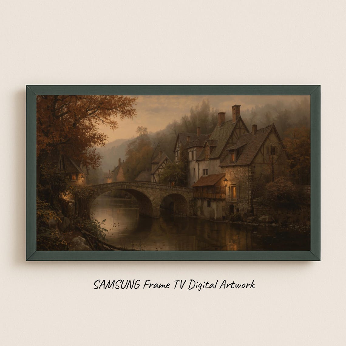 Old Stone Bridge Golden Evening Riverside Village Frame TV Art Print
