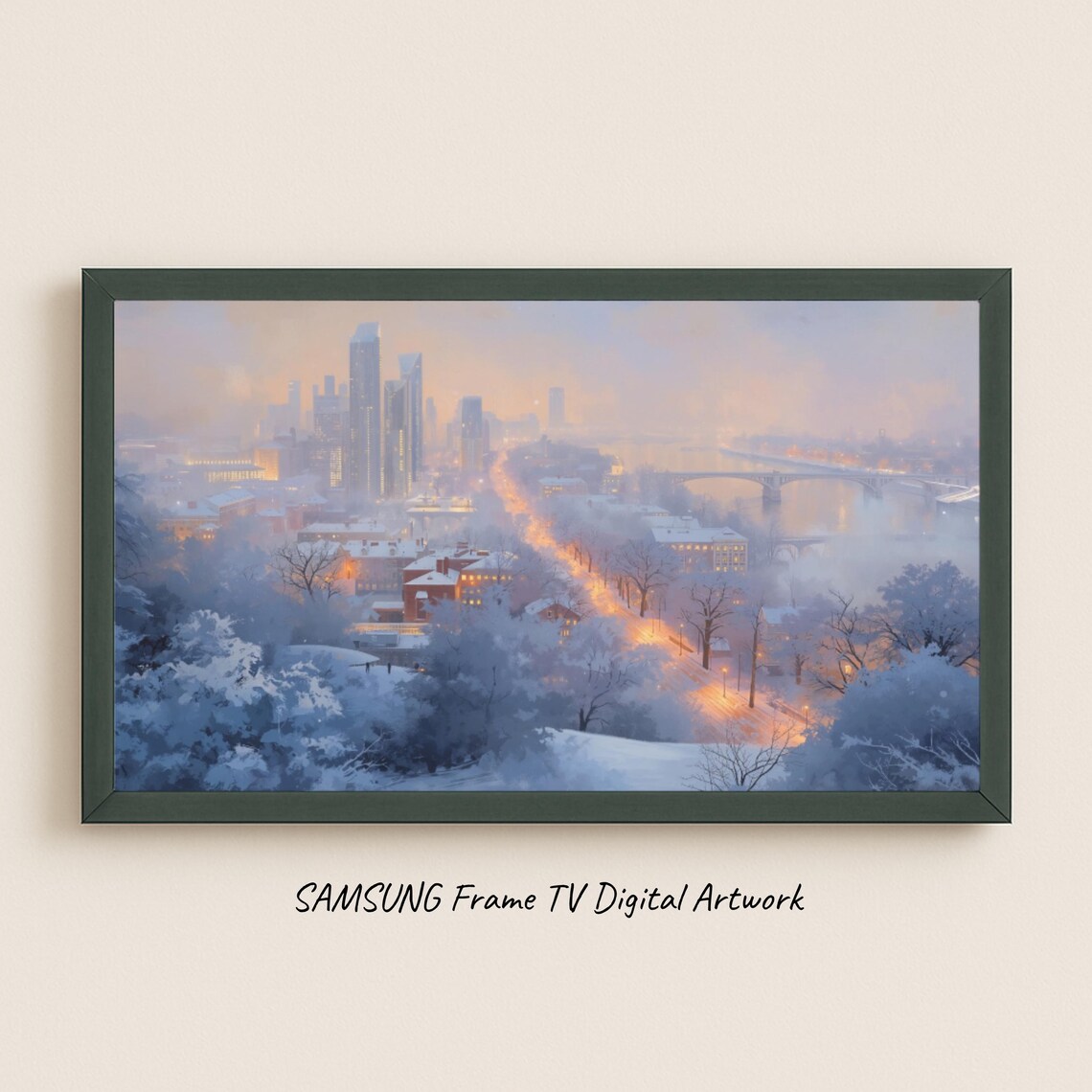 Pastel Winter City Panorama Snowy Skyline Painting Print Decor