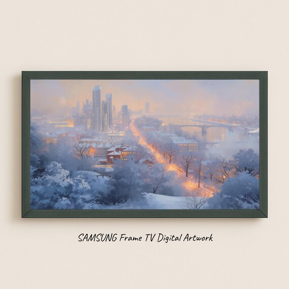 Pastel Winter City Panorama Snowy Skyline Painting Print Decor