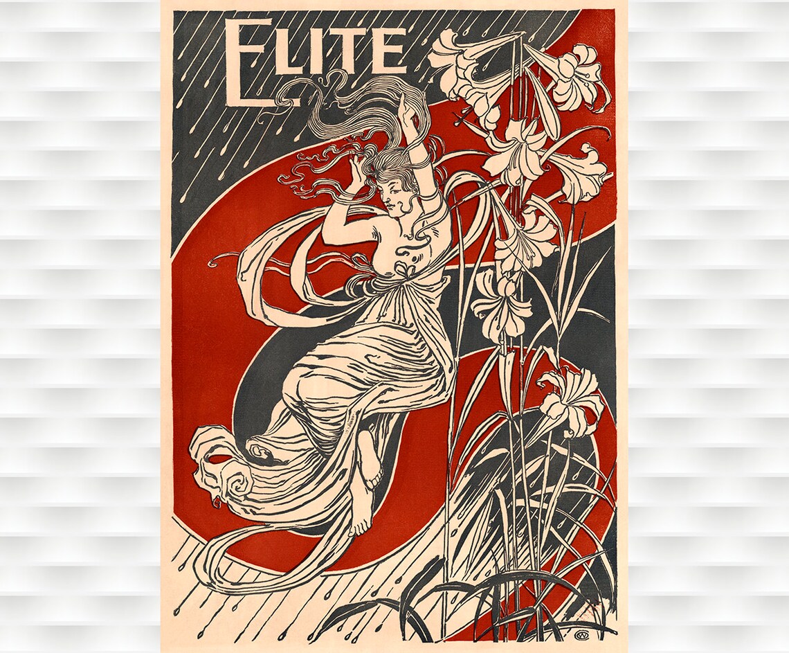 Elite 1895 Art Nouveau Magazine Cover Woman Iris Flower Poster