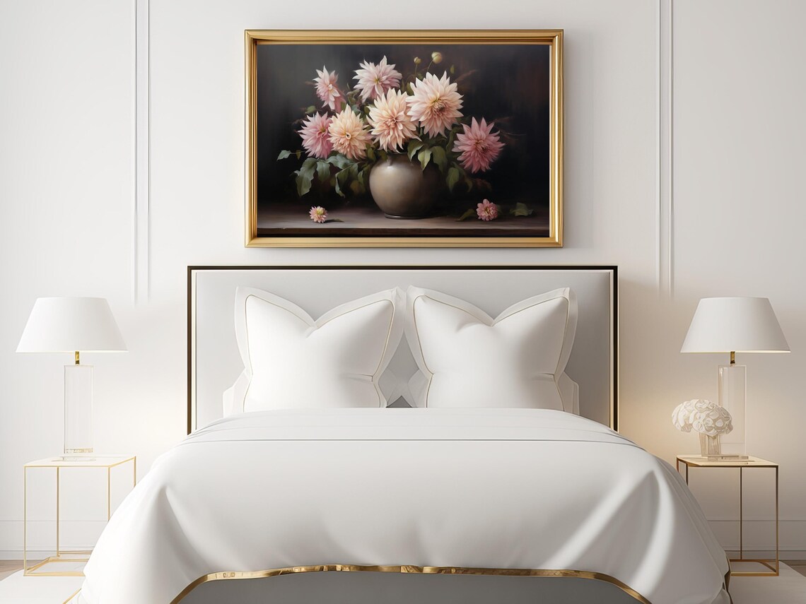 Vintage Bouquet Of Dahlias In Vase, Rustic Still Life Art - Image 2