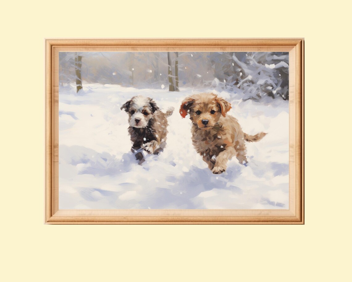 Dog Painting, Playful Puppies In Snow Artwork