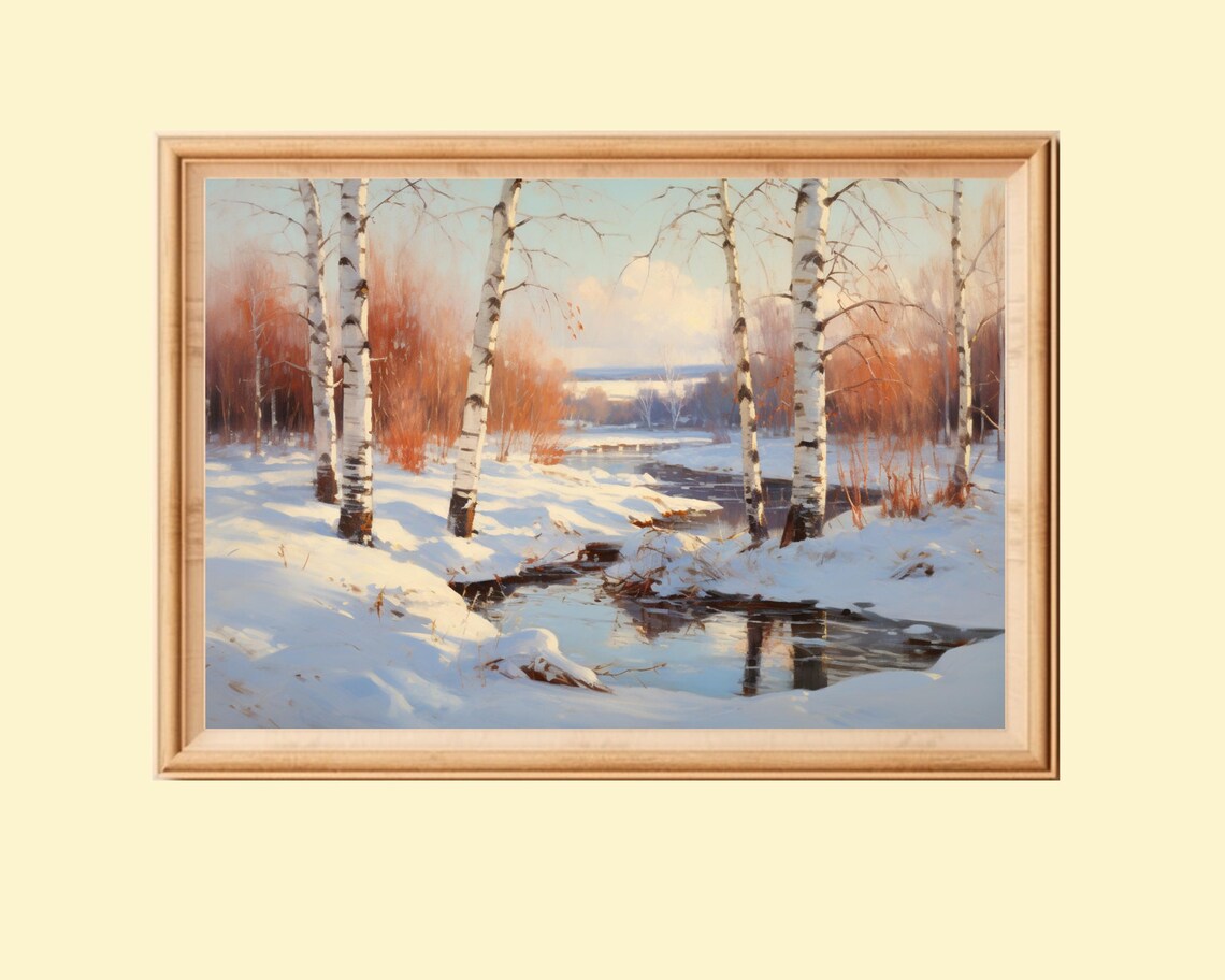 Sunny Winter Landscape, Rustic Birch Tree Scene