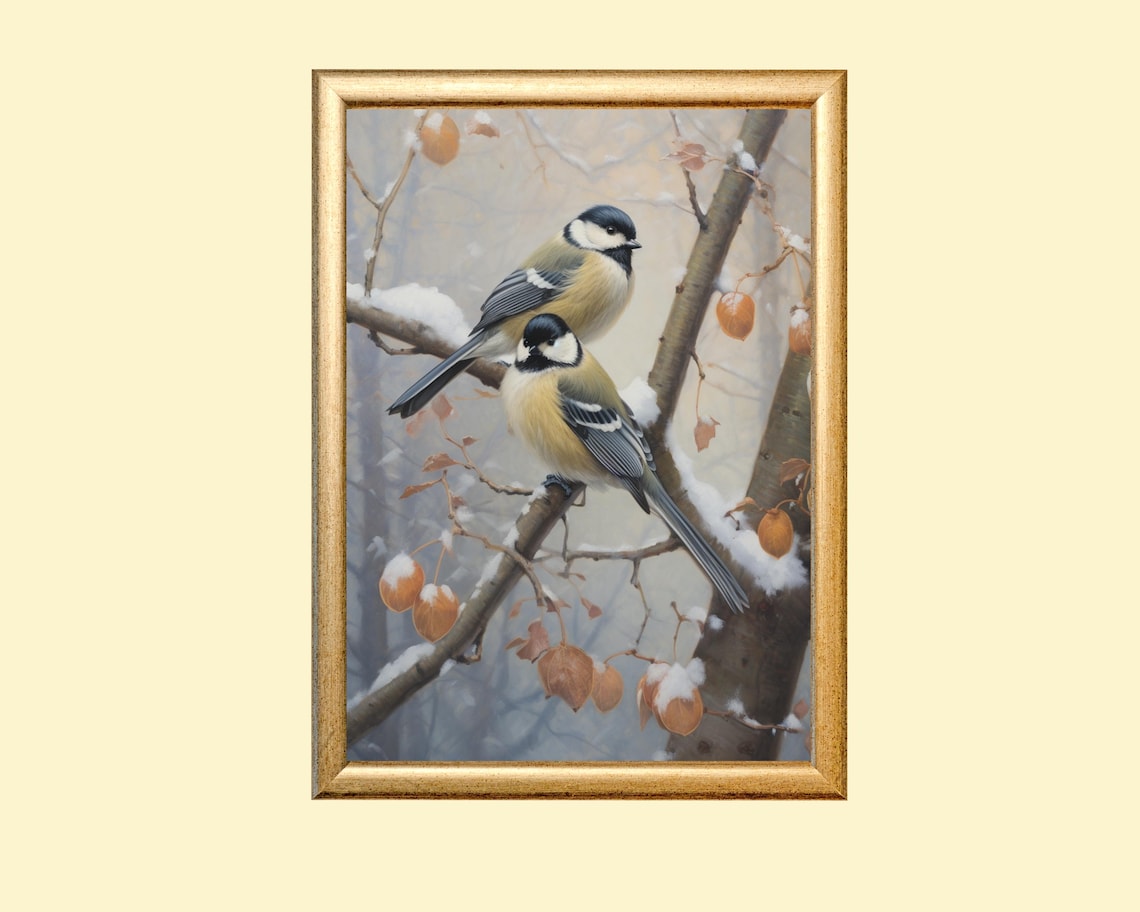 Birds Perched on Snowy Branches, Winter Nature Art
