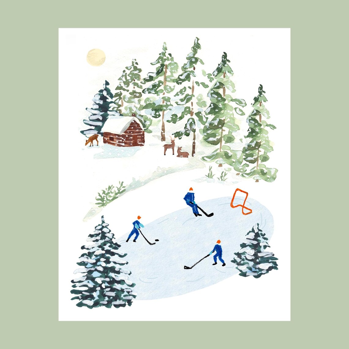 Winter Ice Hockey Watercolor Print, Rustic Cabin Decor