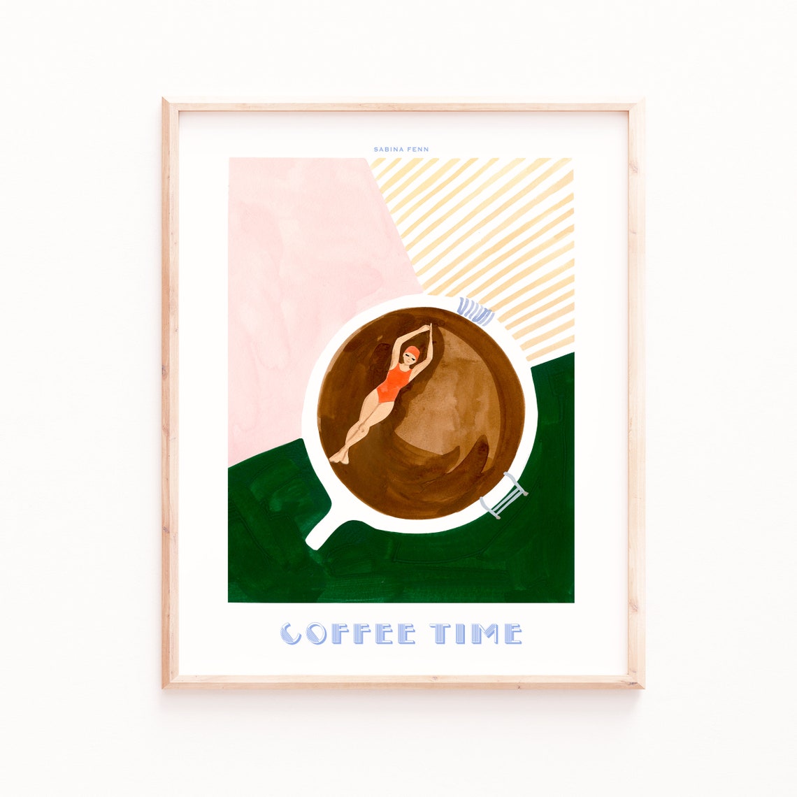 Retro Swimmer Floating In Giant Coffee Cup Pink Green Kitchen Wall Art - Image 4