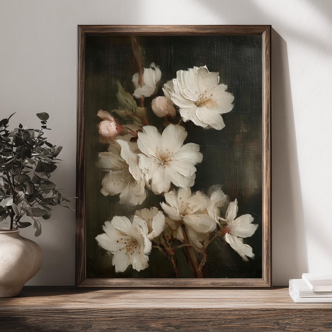 White Cherry Blossoms Vintage Botanical Dark Moody Floral Art Poster