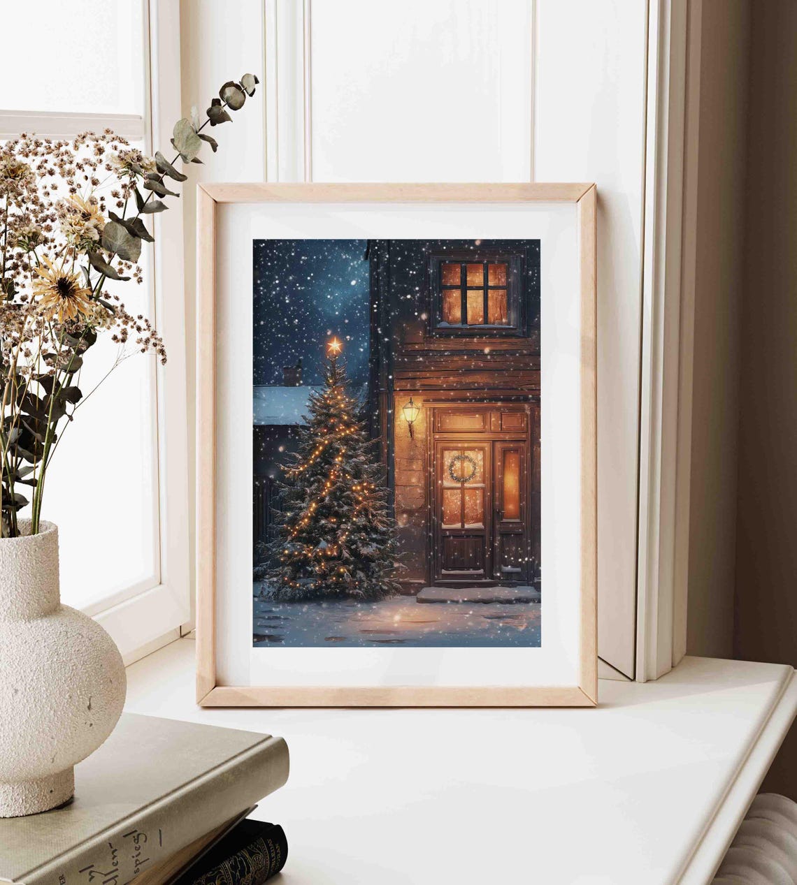 Lit Christmas Tree Outside Cozy Cabin Door Snowy Night Holiday Poster - Image 3