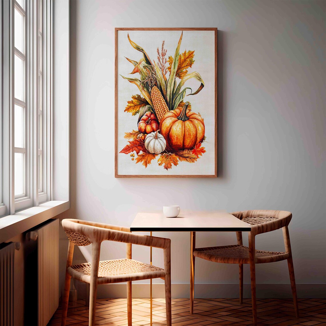 Autumn Pumpkin And Corn Bouquet With Fall Leaves Watercolor Poster - Image 2