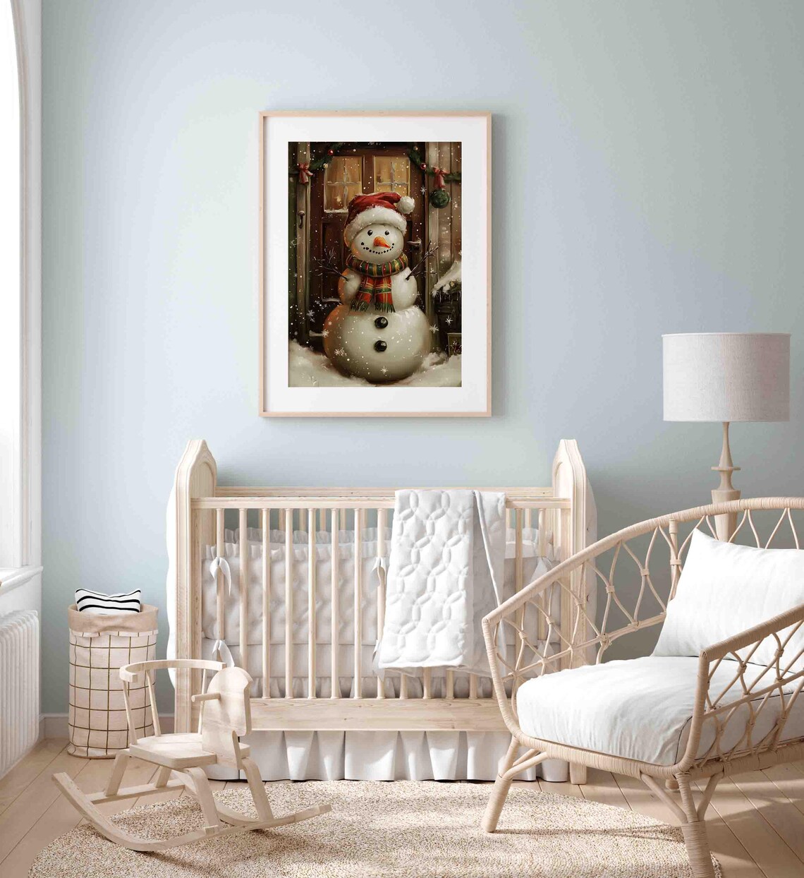 Cheerful Snowman In Santa Hat At Door With Garland Plaid Scarf Poster - Image 3