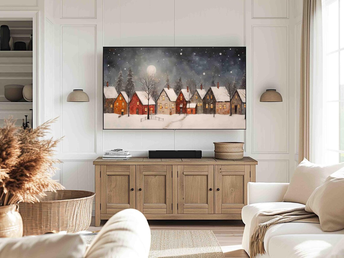 Winter Village Full Moon Falling Snow Cottages TV Art Poster - Image 4