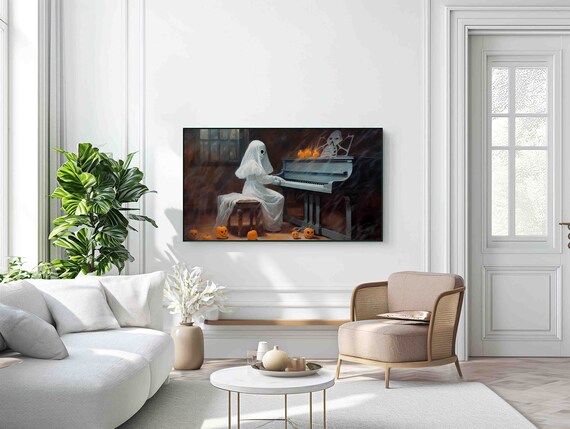 Spooky Ghost Playing Grand Piano Halloween Pumpkins Night Poster