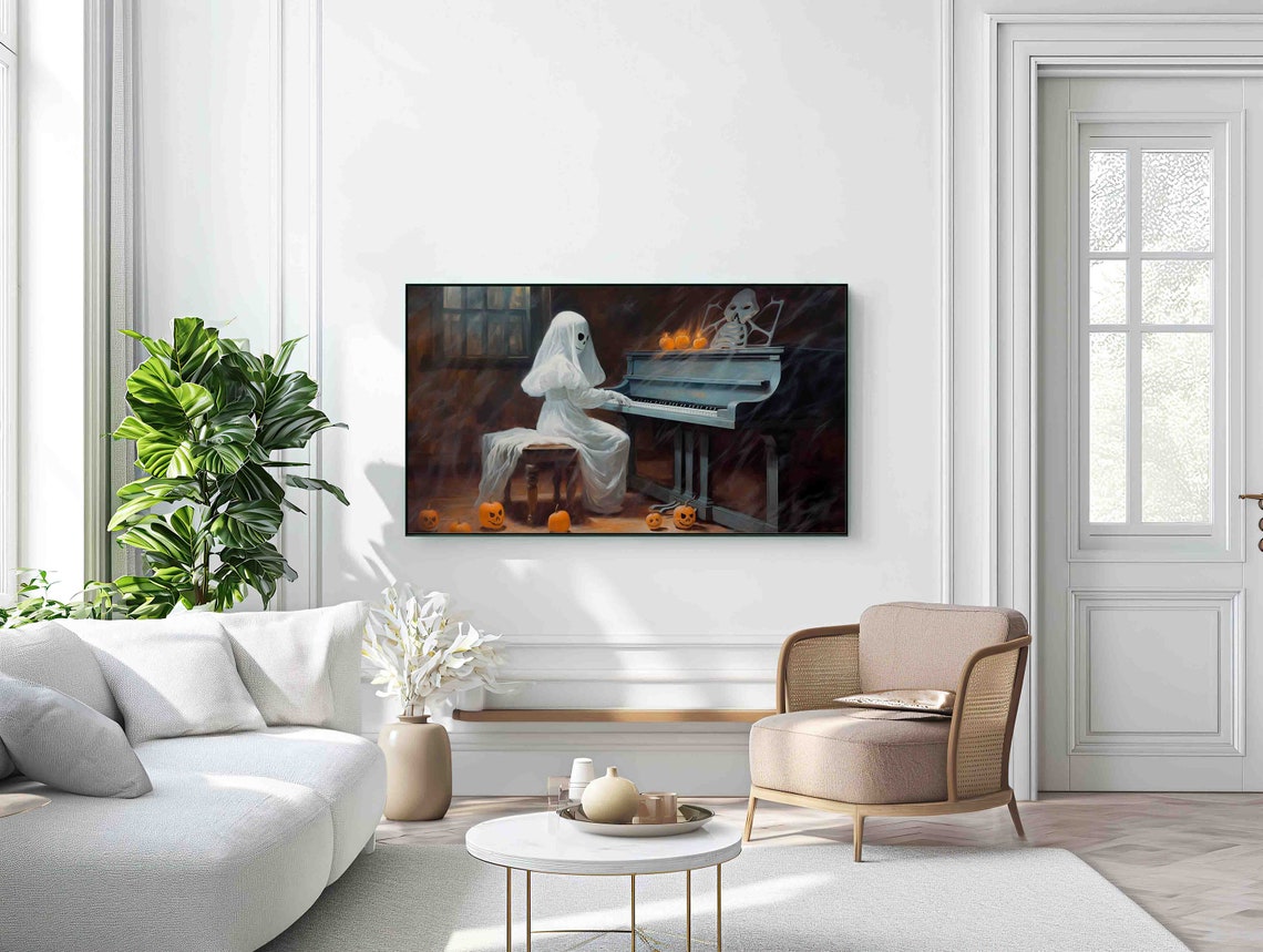 Spooky Ghost Playing Grand Piano Halloween Pumpkins Night Poster