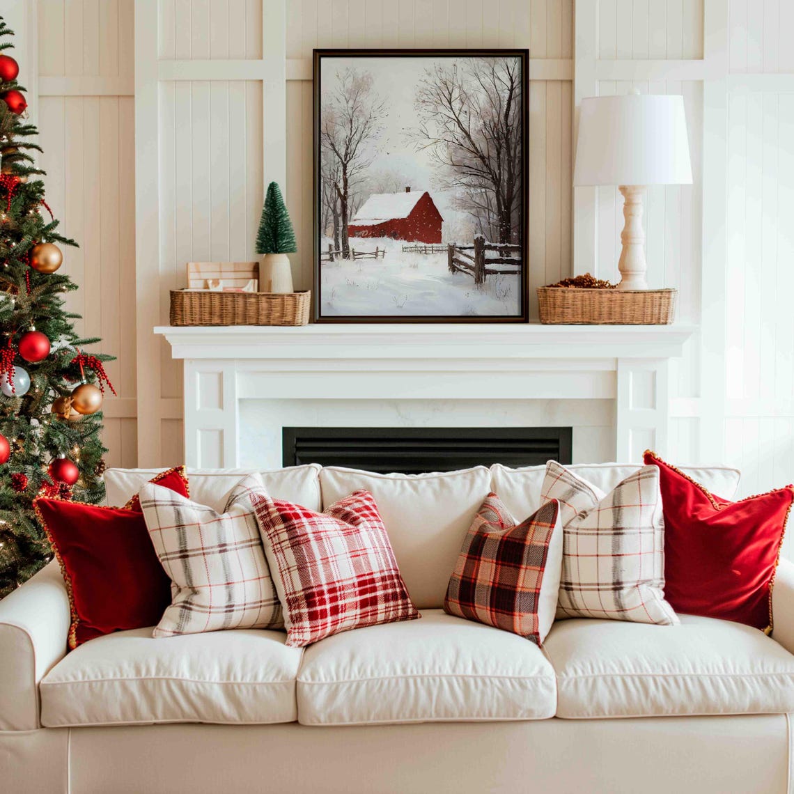 Lone Red Barn In Falling Snow Bare Trees Minimalist Winter Farm Poster - Image 3