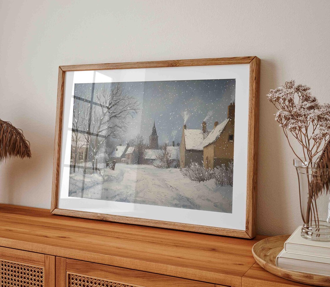 Cozy Snowy Village Church Dusk Falling Snow Holiday Painting Poster - Image 4